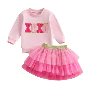 Toddler Baby Girl Valentines Day Outfit Red Love Heart Bow Sweatshirt And Tulle Tutu Skirts Set Cute Spring Clothes (Xoxo Layere