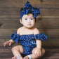 Newborn Baby Girls Romper Jumpsuit Infant Girl Summer Bodysuits Ribbed Short Sleeve One-Piece Headband (Denim, 0-6 Months)