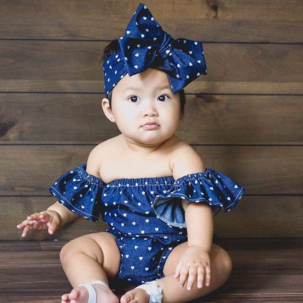Newborn Baby Girls Romper Jumpsuit Infant Girl Summer Bodysuits Ribbed Short Sleeve One-Piece Headband (Denim, 0-6 Months)
