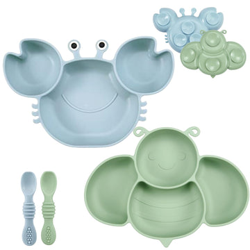 Pandaear 2 Pack Silicone Suction Plates For Baby, Divided Unbreakable Toddler Plate With 2 Pack Spoons For Self Feeding, Babies