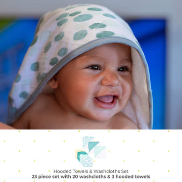 Spasilk Bath Hooded Towels & Washcloths Set For Babies, 23-Piece Gift Set, Green Dots