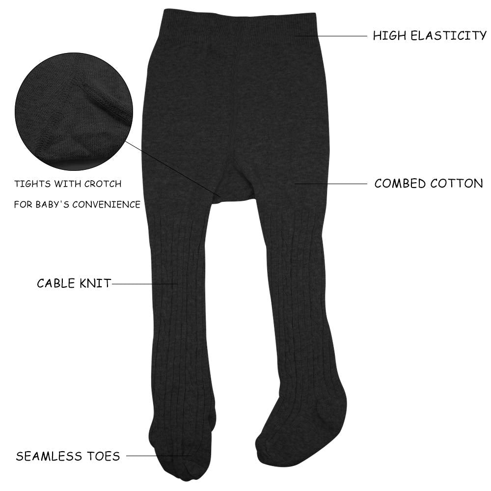 Techcity Baby Girls Tights Toddler Seamless Leggings Cable Knit Cotton Pants Stockings (Pack Of 3) (3 Pack Black White Purple, 1