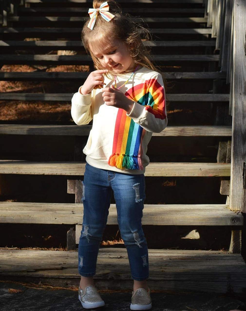 Toddler Kids Baby Girl Boy Long Sleeve Tassel Rainbow Sweatshirt Casual Shirt Pullover Tops (Beige, 12-18 Months)