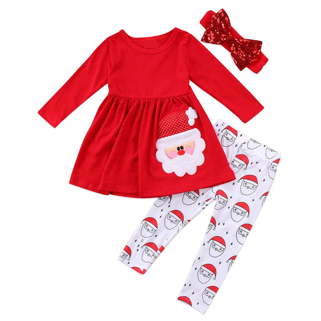Avidqueen Christmas Party Clothing Set Toddler Baby Girls Princess Dress Tshirt + Santa Pant + Headband 3Pcs Outfits (Red, 3T)