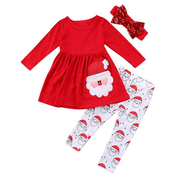 Avidqueen Christmas Party Clothing Set Toddler Baby Girls Princess Dress Tshirt + Santa Pant + Headband 3Pcs Outfits (Red, 2T)
