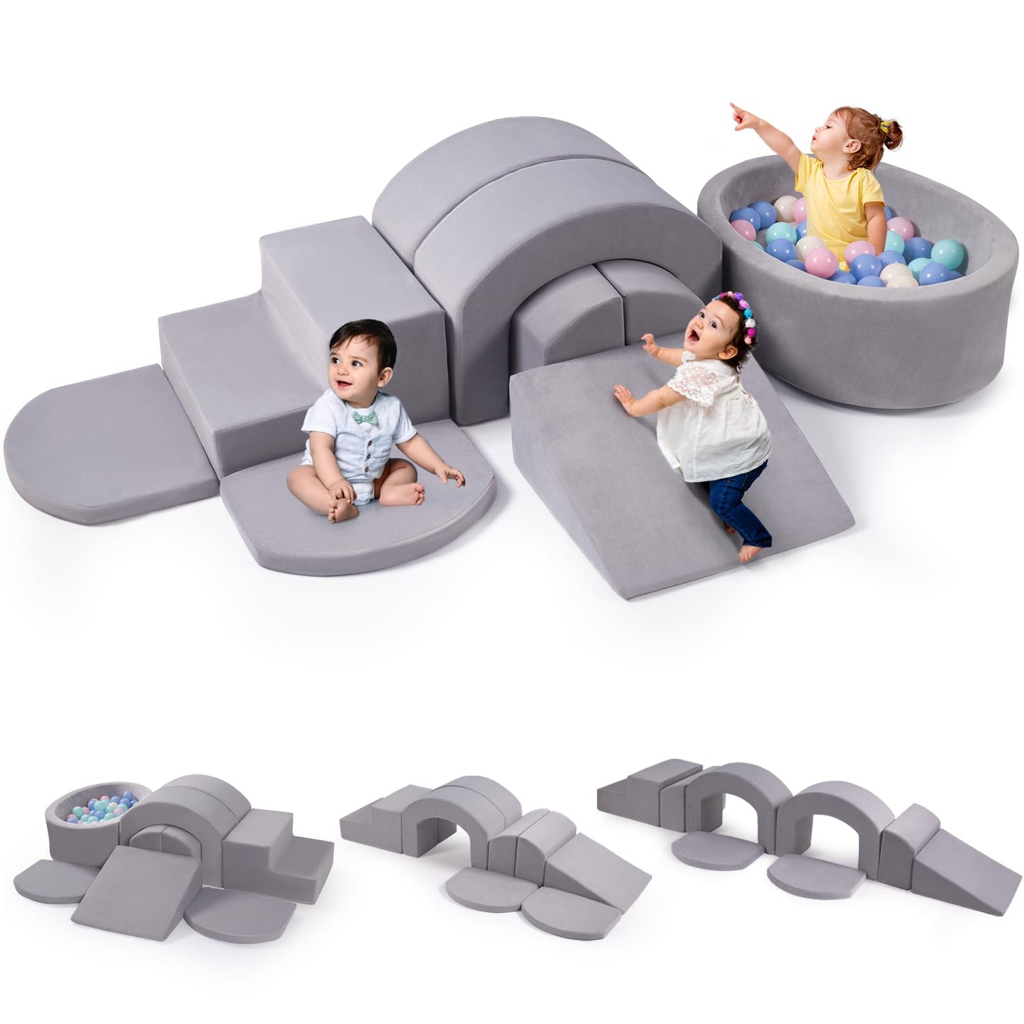 Rinnebbit 9-Piece Foam Climbing Blocks for Toddlers, Baby Climb and Crawl Soft Play Set with Ball Pit, Machine Washable Cover, I