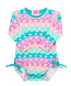 RuffleButts Baby Girls UPF 50+ Sun Protection Novelty Print Long Sleeve One Piece Rash Guard Swimsuit with Zipper - Mermaid/Aqua