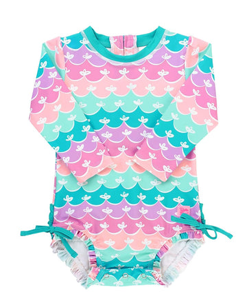 Rufflebutts Baby Girls Upf 50+ Sun Protection Novelty Print Long Sleeve One Piece Rash Guard Swimsuit With Zipper - Mermaid/Aqua