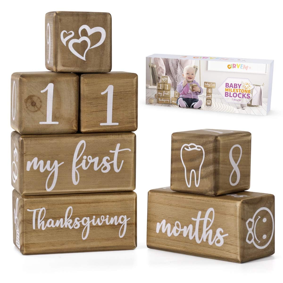 Baby Monthly Milestone Blocks For Boy Or Girl, 7 Blocks, Milestones Age Block Set For Baby Shower, Pregnancy Countdown, Baby Age