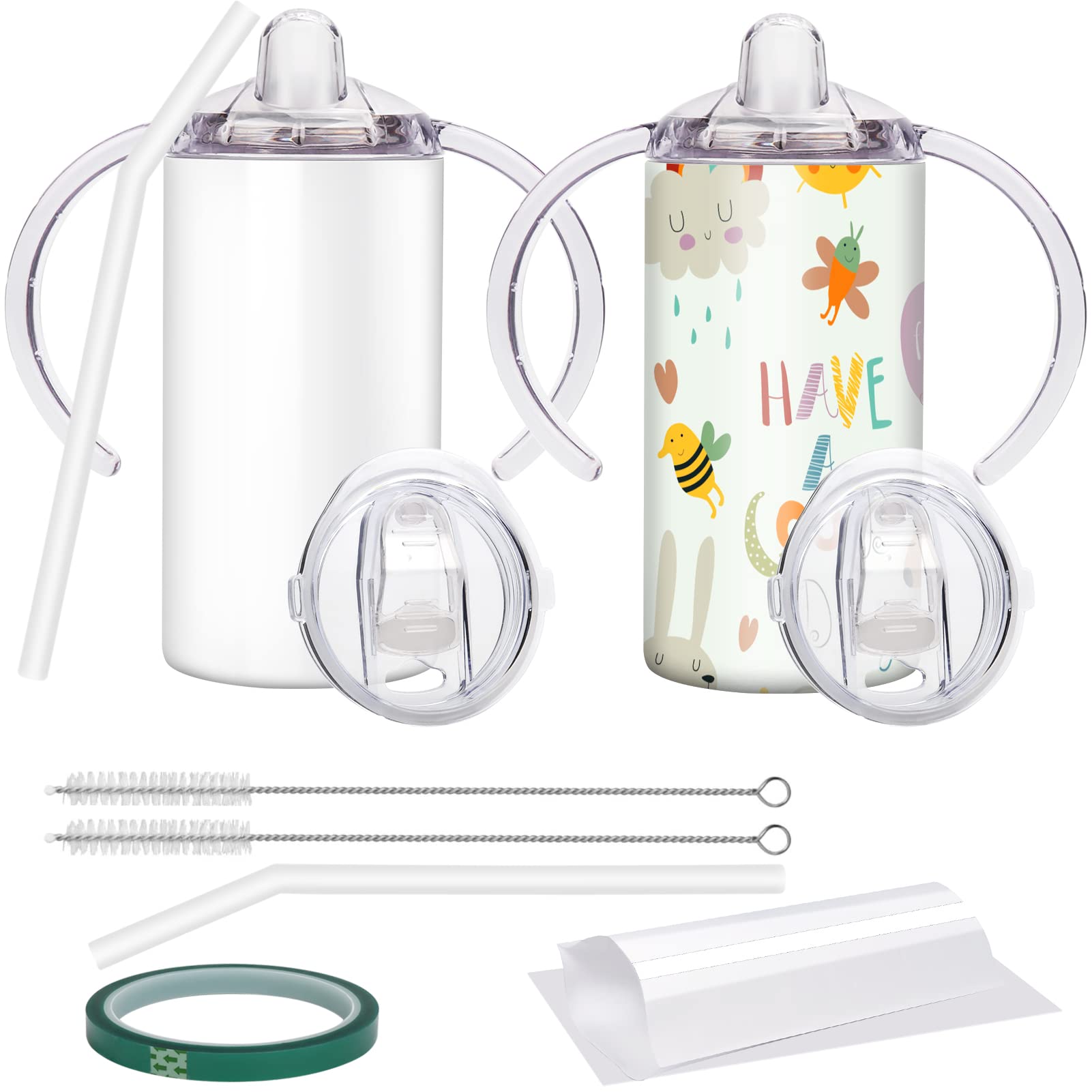 Vermida Sublimation Sippy Cup Blank With Handle, 12Oz Stainless Steel Sippy Cups, Kids Cups With Straws And Lids Spill Proof Dou