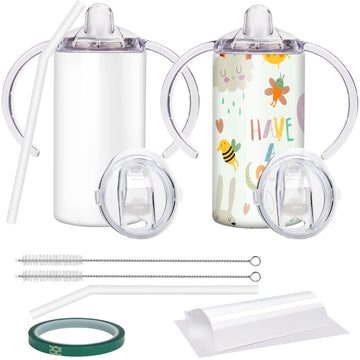 Vermida Sublimation Sippy Cup Blank With Handle, 12Oz Stainless Steel Sippy Cups, Kids Cups With Straws And Lids Spill Proof Dou