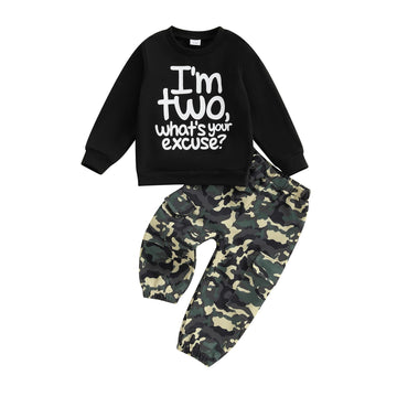 Fernvia Toddler Baby Boy 2nd Birthday Outfit Letter Print Long Sleeve Sweatshirt Elastic Camouflage Pants Fall Clothes Set (C-I