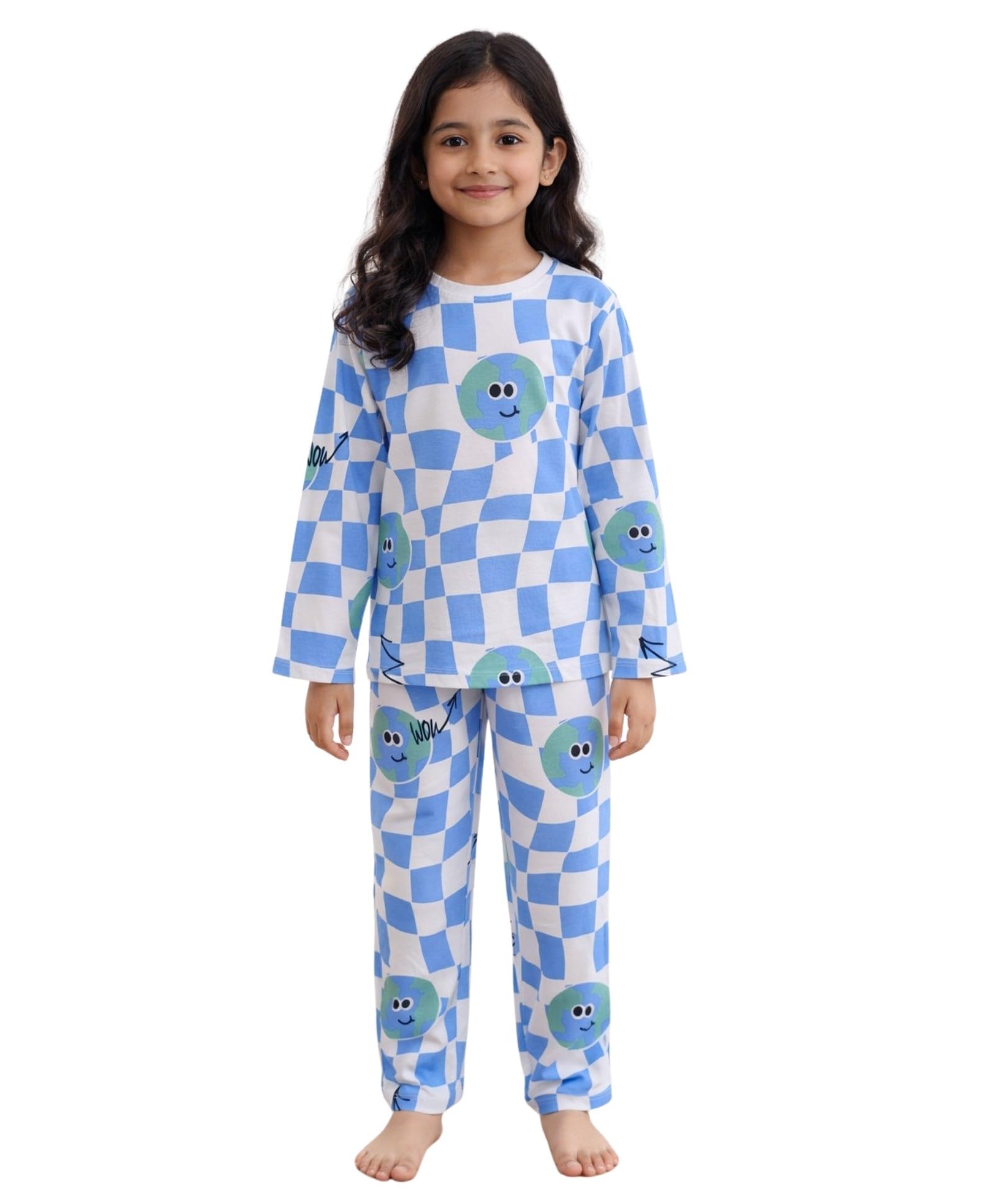 ANTHRILO Pajama TShirt Set for Girls | Kids Night Suit for Girls | Nightwear | 100% Cotton Pyjama Set Globe Check Print Blue | 