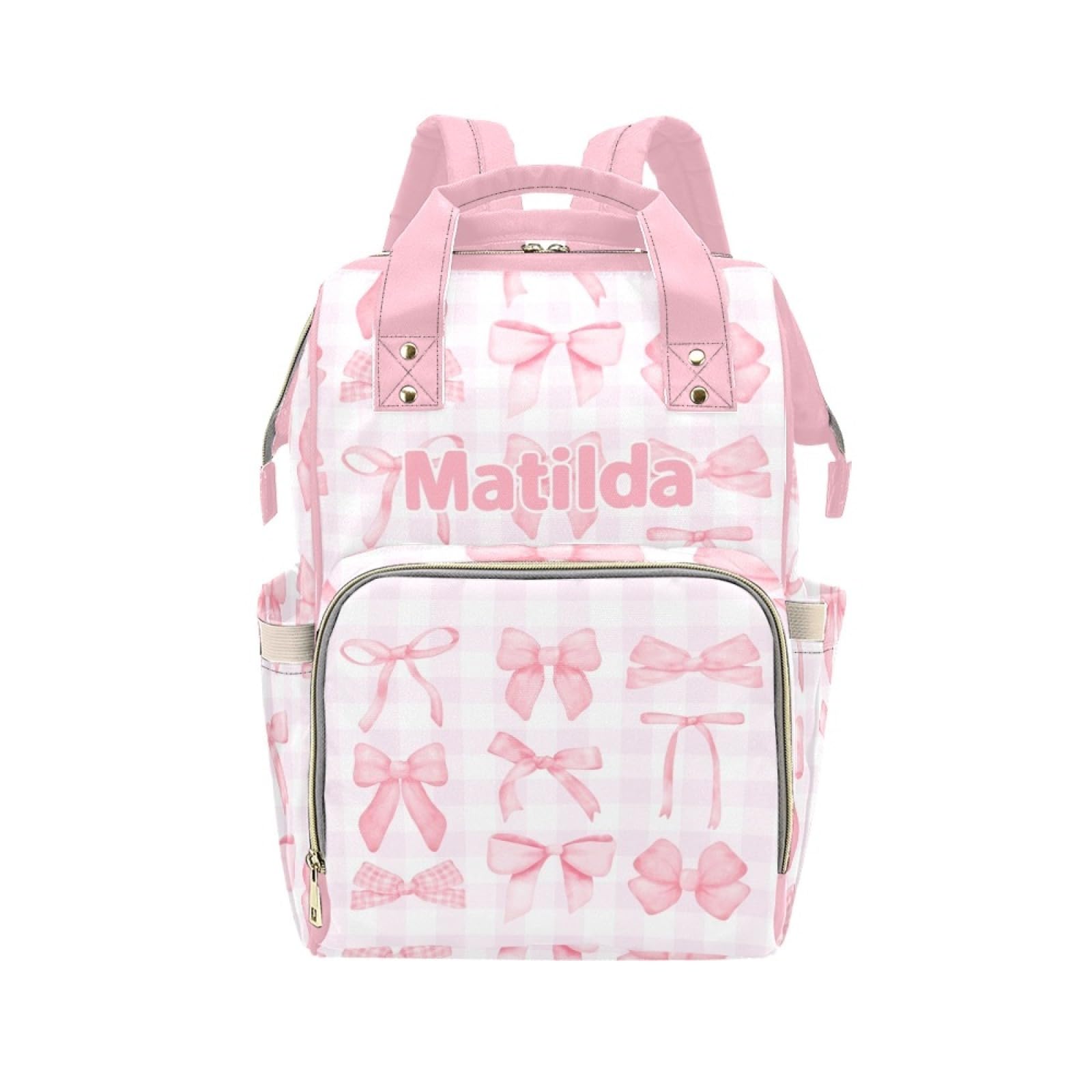 Custom Pink Bow Baby Diaper Bag with Name - Personalized Nursing Travel Tote Backpack for Mom or Dad, Custom Name Baby Daypack G