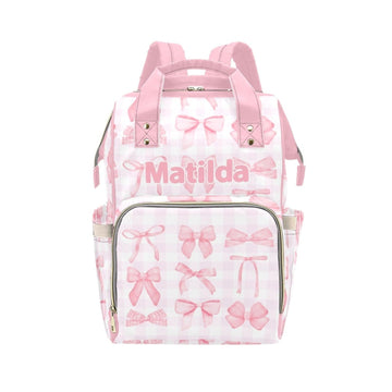 Custom Pink Bow Baby Diaper Bag with Name - Personalized Nursing Travel Tote Backpack for Mom or Dad, Custom Name Baby Daypack G