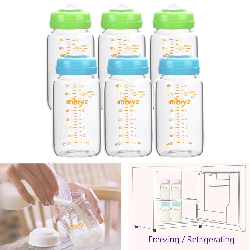 Matyz Glass Breastmilk Storage Bottles, 6 Pack, 8 Oz, Compatible With Spectra Medela Pump - Store, Freeze, Warm Up Milk Well - L