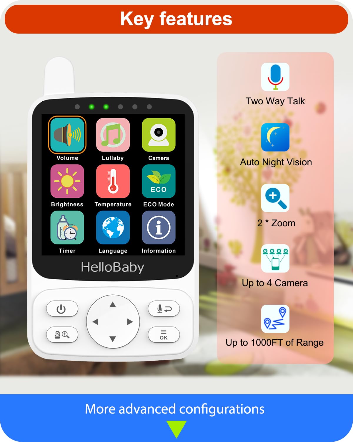 Hellobaby No Wifi Baby Monitor With Voice-Activated Night Vision,4' Ips Camera And Audio, 2-Way Talk And Ptz, 26H Battery And 1