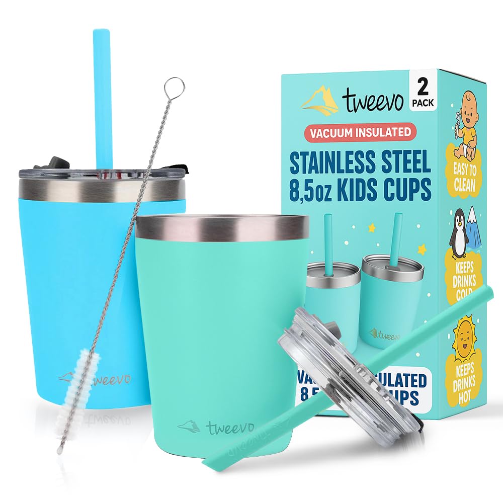 tweevo Sippy Cups For Toddlers 1-3 - Toddler Cups w/Screw Lids - Stainless Steel Kids Tumblers With Straws and Lids - 2 Pack (Bl