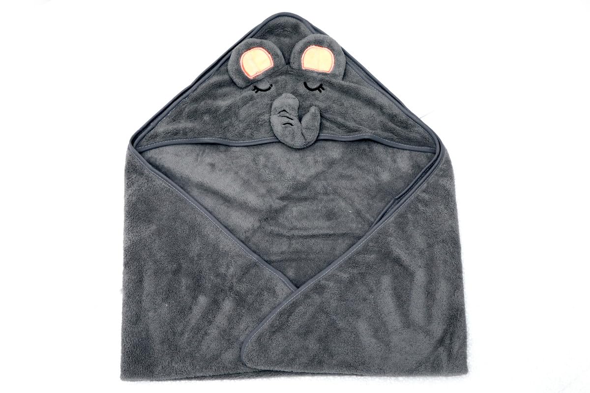 DTR Creation Baby Hooded Towel with Grey Elephant Face Design | Soft Cotton Bath Towel Wrap for Newborns, Infants & Toddlers | U
