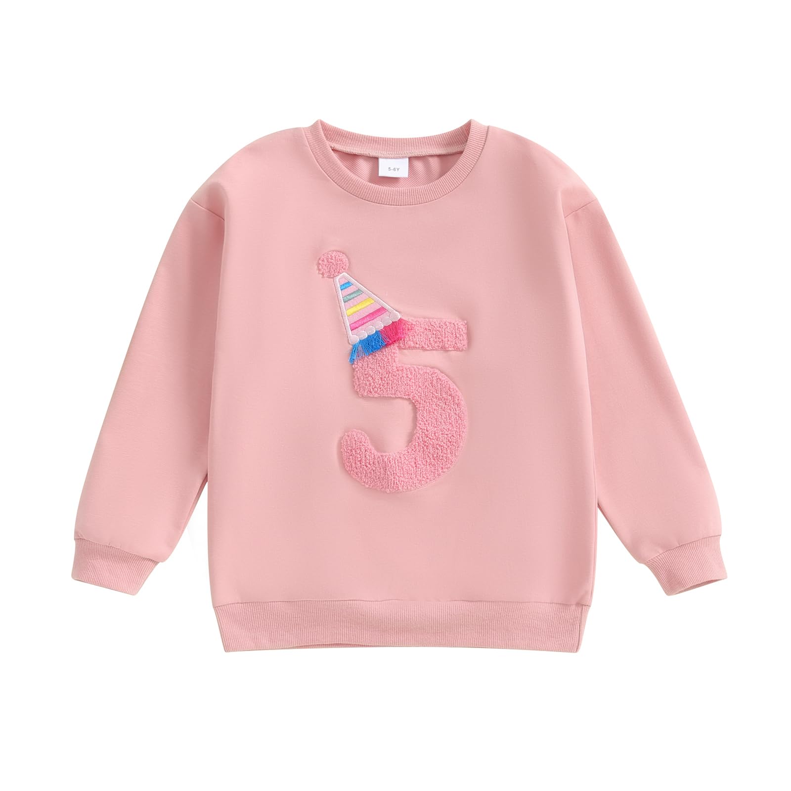 Lamuusaa Toddler Baby Girl Birthday Outfit Number 1/2/3/4/5/6 Embroidery Sweatshirt Oversized Pullover Shirts (Pink 5, 5-6 Years