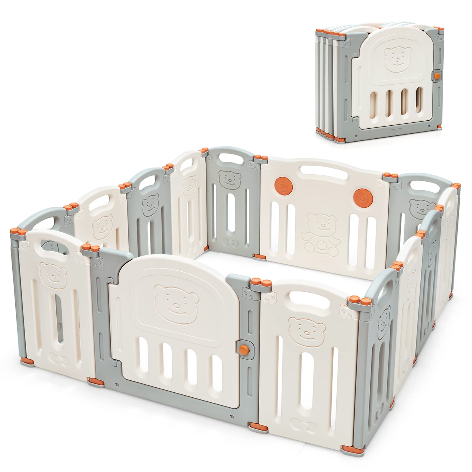 Costzon Baby Playpen, 14-Panel Foldable Large Baby Playard W/Locking Gate, Non-Slip Rubber Bases, Adjustable Shape, Portable Bab