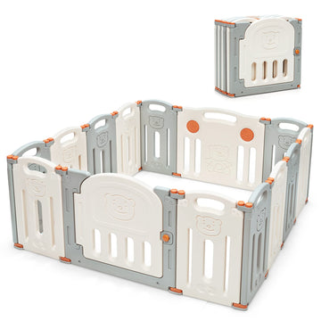 Costzon Baby Playpen, 14-Panel Foldable Large Baby Playard W/Locking Gate, Non-Slip Rubber Bases, Adjustable Shape, Portable Bab
