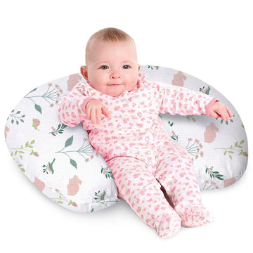 Little Grape Land Nursing Pillow, Soft 100% Cotton Breastfeeding Pillow with Breathable Muslin Cotton Removable Cover, Pink Bunn