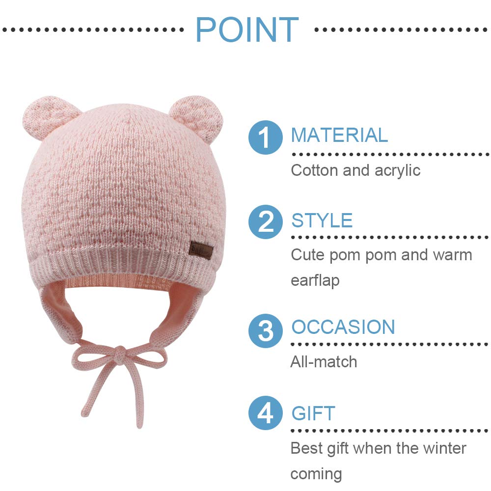 Bavst Baby Beanie Hat For Winter With Earfalp Cute Bear Kids Toddler Girls Boys Warm Knit Cap 0-2Years(Pink, S)