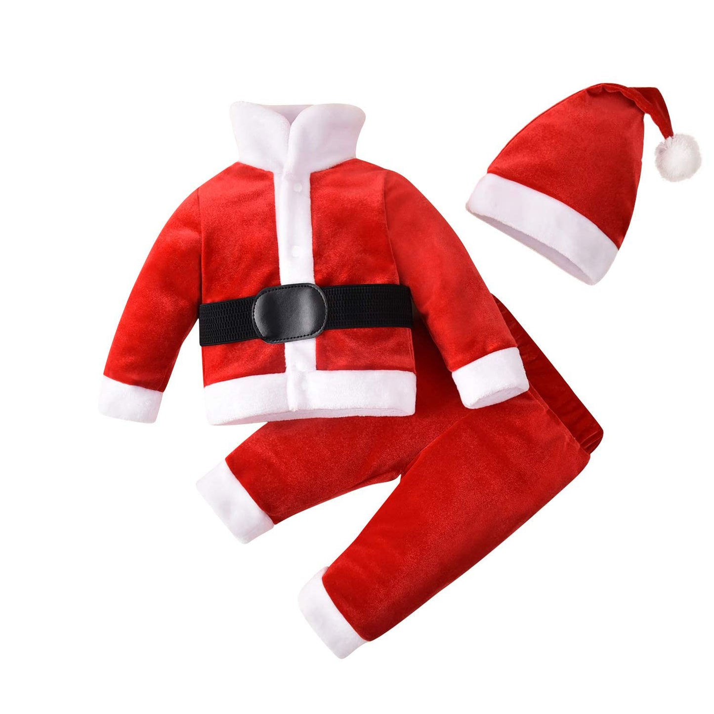 Minifeiko Baby Boy Christmas Outfits 3 Piece Velvet Coat And Pant With Santa Hat, Christmas Red, 12-18 Months