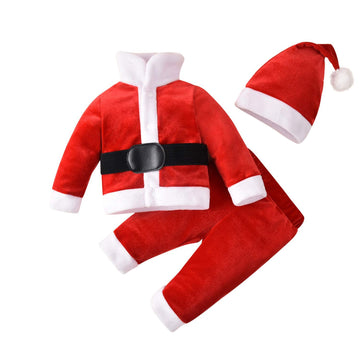 Minifeiko Baby Boy Christmas Outfits 3 Piece Velvet Coat And Pant With Santa Hat, Christmas Red, 12-18 Months