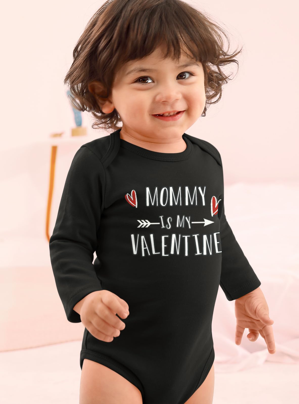 Besserbay Valentine'S Day Baby Long Sleeve Heart Bodysuit Infant Mommy Is My Valentine Envelope Neck Black Onesie 3-6 Months