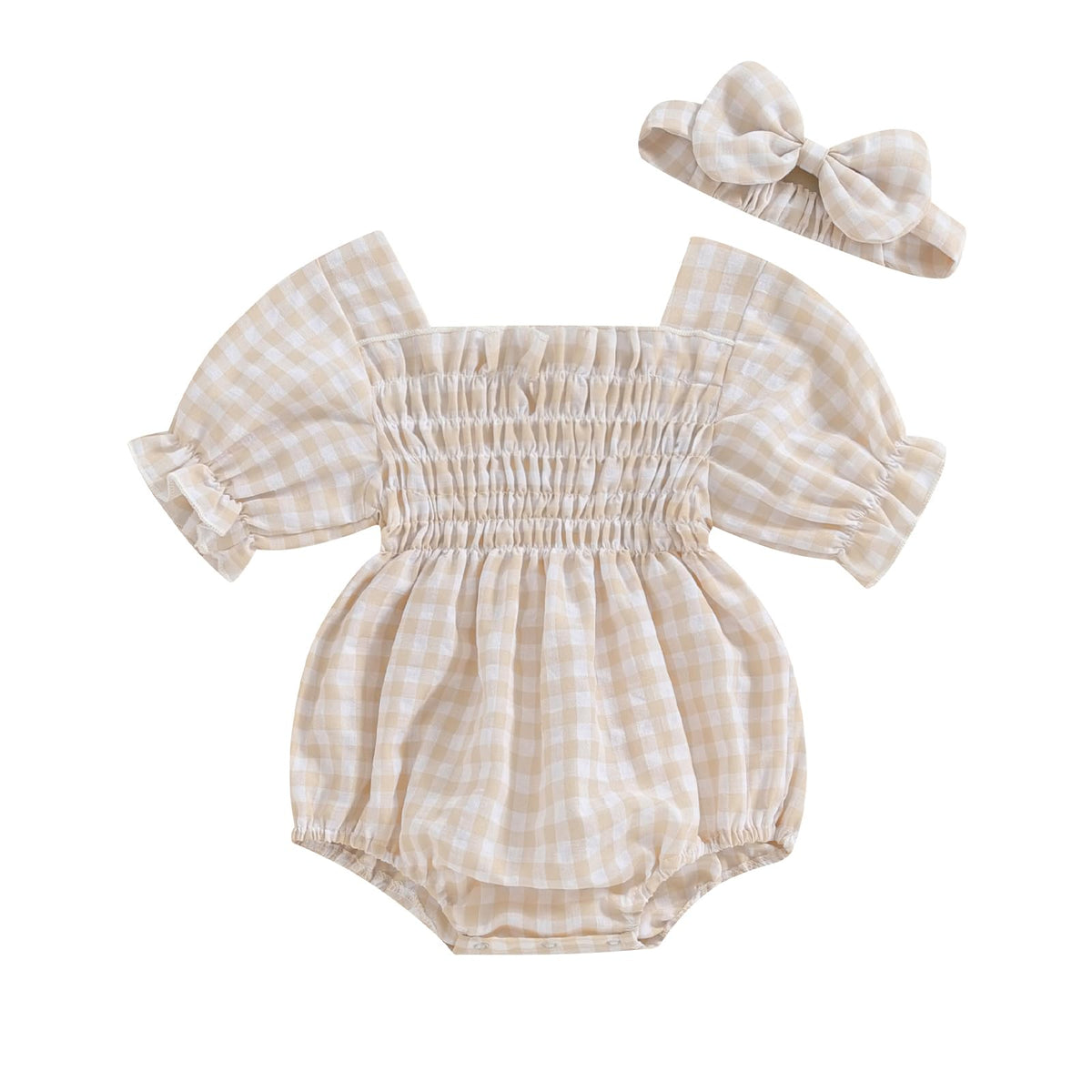 Zaxarra Infant Baby Girl Plaid Romper Baby Pleated Romper Ruffle Festival Bodysuit Spring Summer Clothes With Headband, Khaki, 0