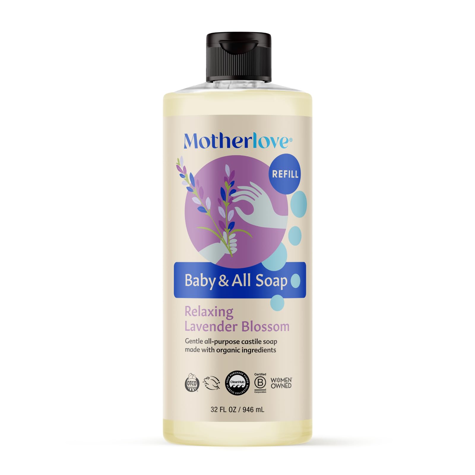 Motherlove Baby & All Soap (32 oz) Gentle Foaming All-Purpose Castile Soap Made with Organic Ingredients - Relaxing Lavender Blo