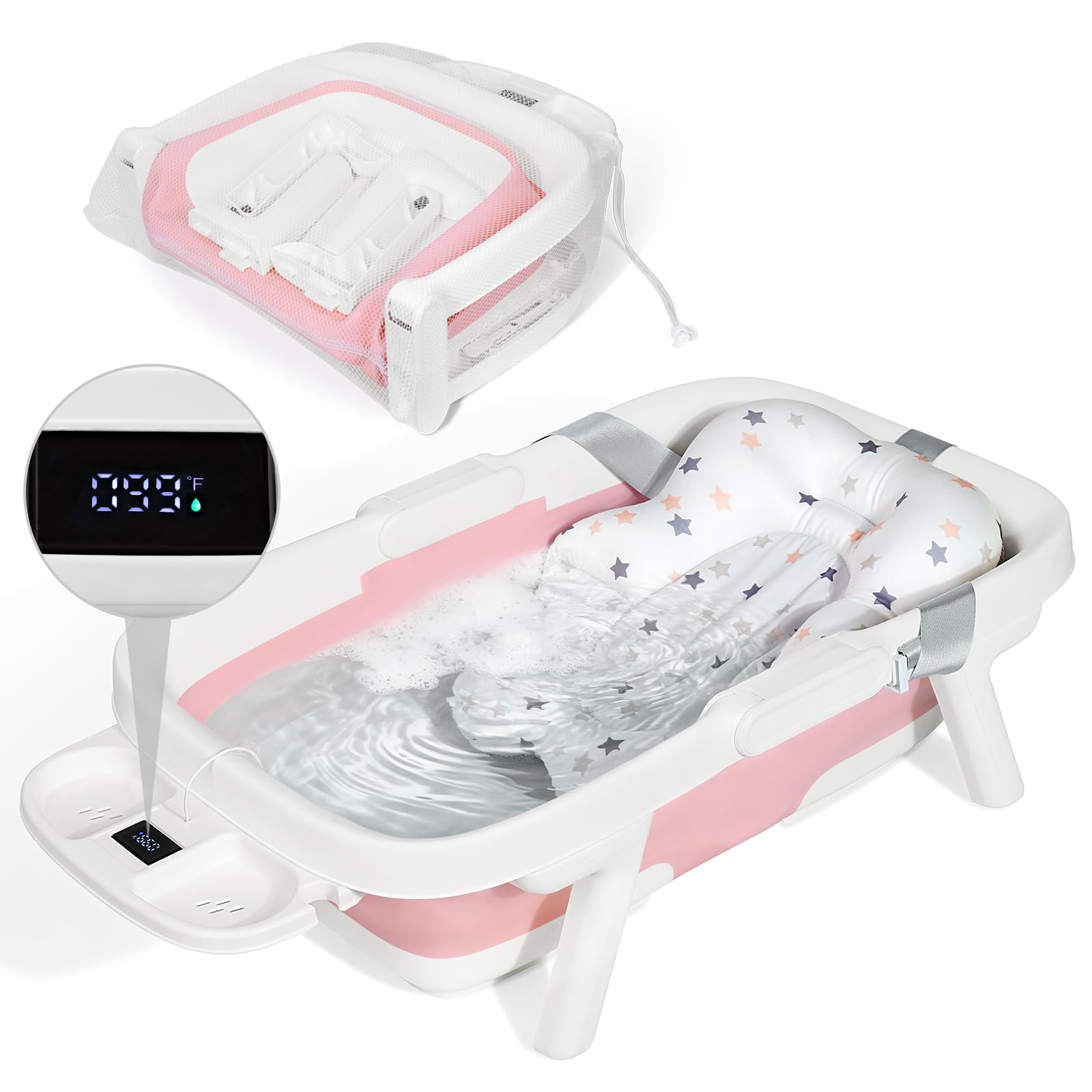 Orzbow Collapsible Baby Bathtub, Large Baby Bath Tub for Newborn with Soft Cushion & Thermometer, Travel Portable Baby Tubs for 
