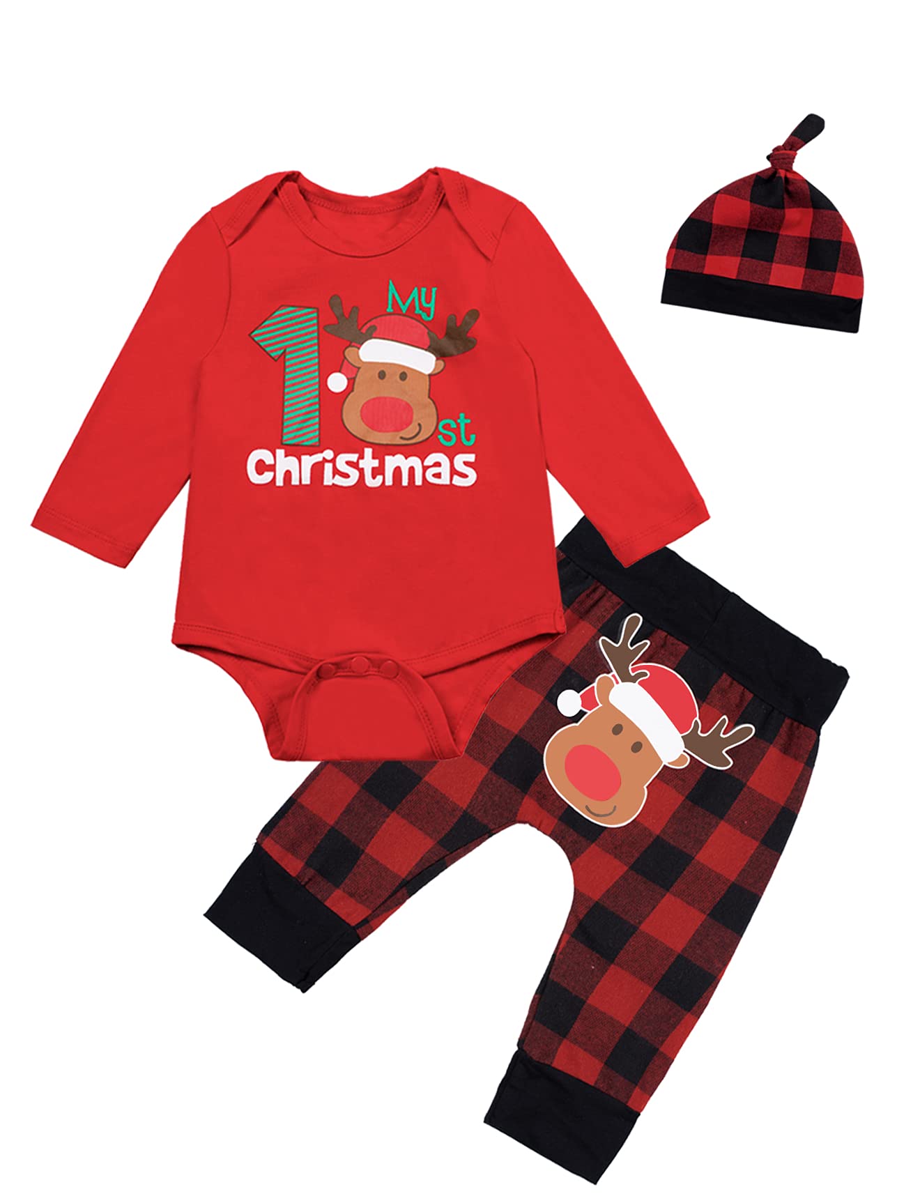 Mommy'S New Man 3Pcs Baby Boys Girls My First Christmas Outfit Set Deer Long Sleeve Romper (Red, 0-3 Months)