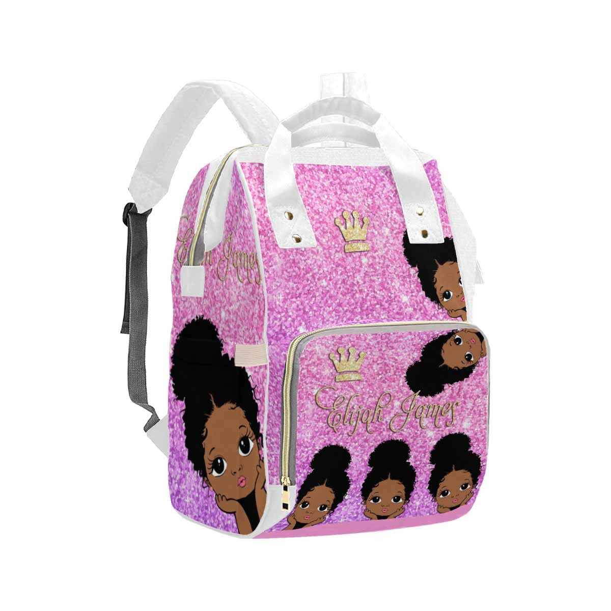 Artsadd Custom Name Diaper Bags Multi-Function Backpack, Pink Glitter Crown Travel Back Pack Customized Large Capacity Mommy Nap
