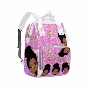 Artsadd Custom Name Diaper Bags Multi-Function Backpack, Pink Glitter Crown Travel Back Pack Customized Large Capacity Mommy Nap