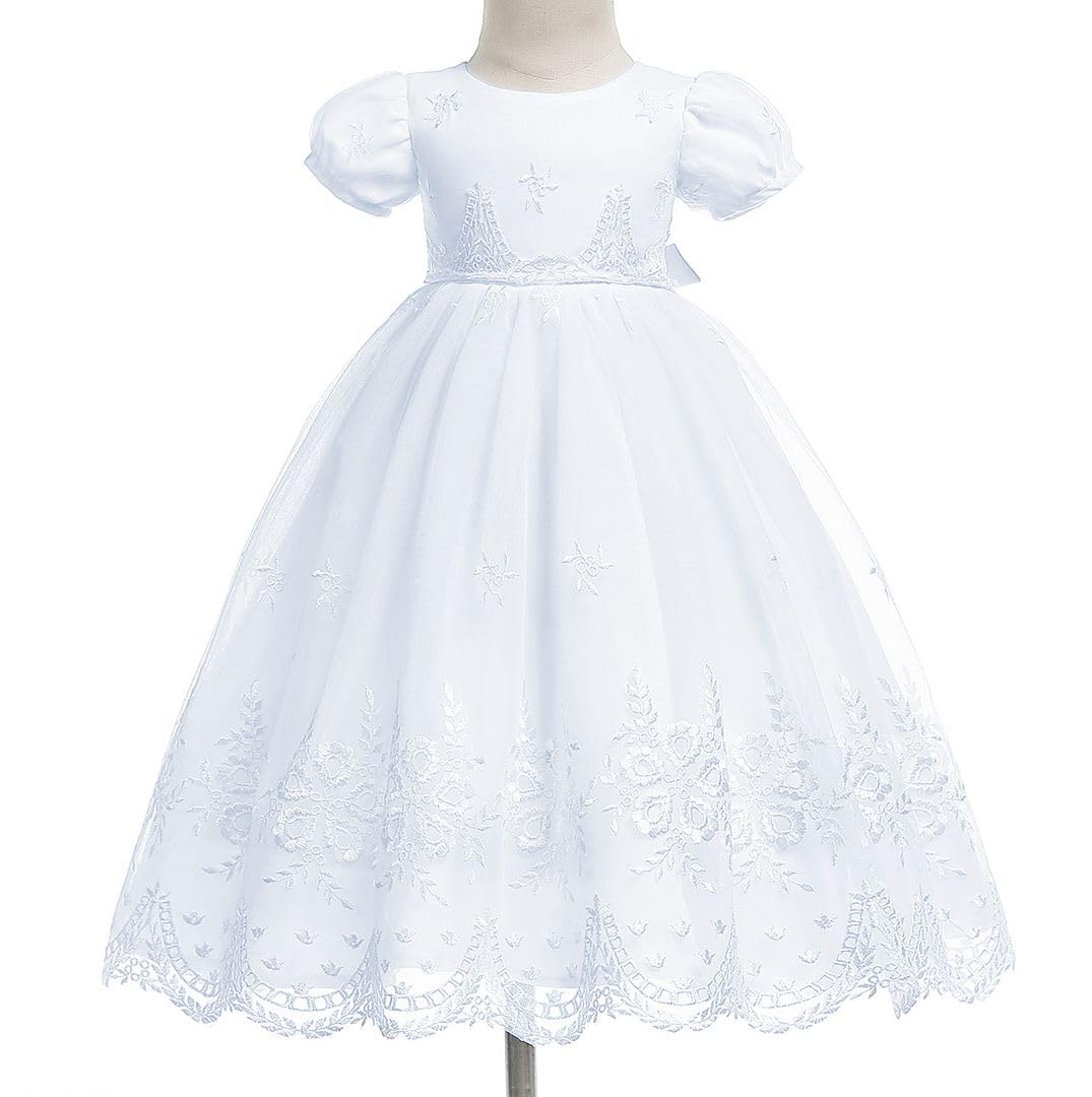 Bow Dream Baby Girls Christening Baptism Dress Formal Party Special Occasion Dresses For Toddler 4Pcs White 6-12 Months