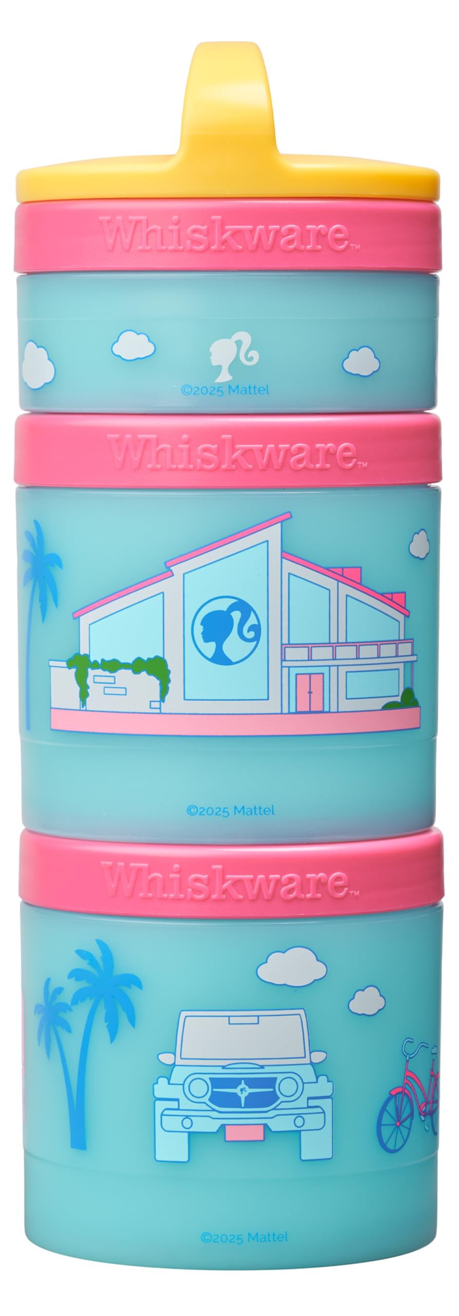 California Barbie (Dreamhouse) Whiskware Stackable Snack Pack - 3 Jar + Handle - Yellow/Pink/Blue