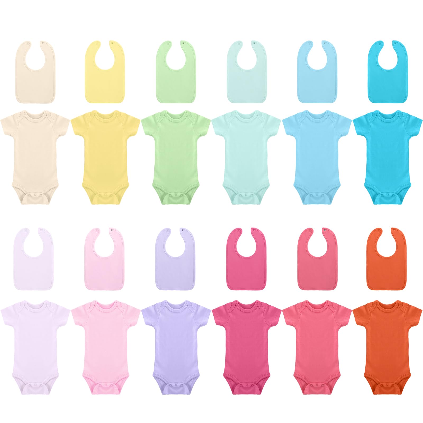 Hillban 24 Pcs Unisex Cotton Short Sleeve Bodysuits Baby Bibs Set for Baby Shower(3-6 Month,Elegant Color)