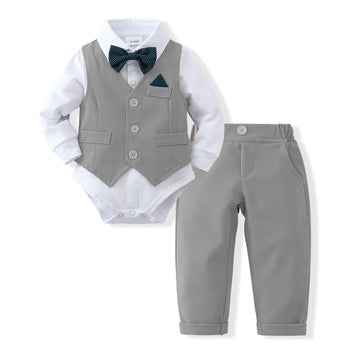 Disaur Baby Boy Clothes Toddler Boy Outfits, 4Pc Gentleman Dress Romper + Vest + Pants + Bow Tie Cotton Suit Set (Gray,12-18 Mon