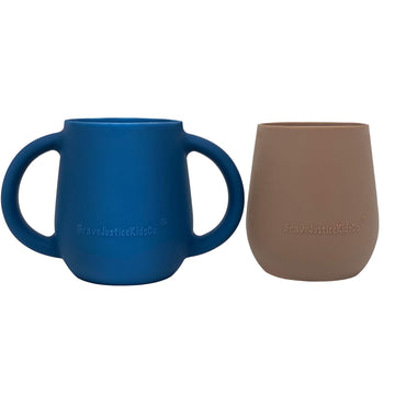 Bravejusticekidsco. | Teenie Tiny Silicone Developmental Baby-Led Weaning Drinking Cups (2 Pack) (Warm Taupe And Blue Fusion)