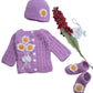 Hand Made 3 Piece Knitted Magnolia Flower Baby Crochet Set- Newborn Toddler Wool Sweater Set Includes- Booties & Hat (0-6, Purpl