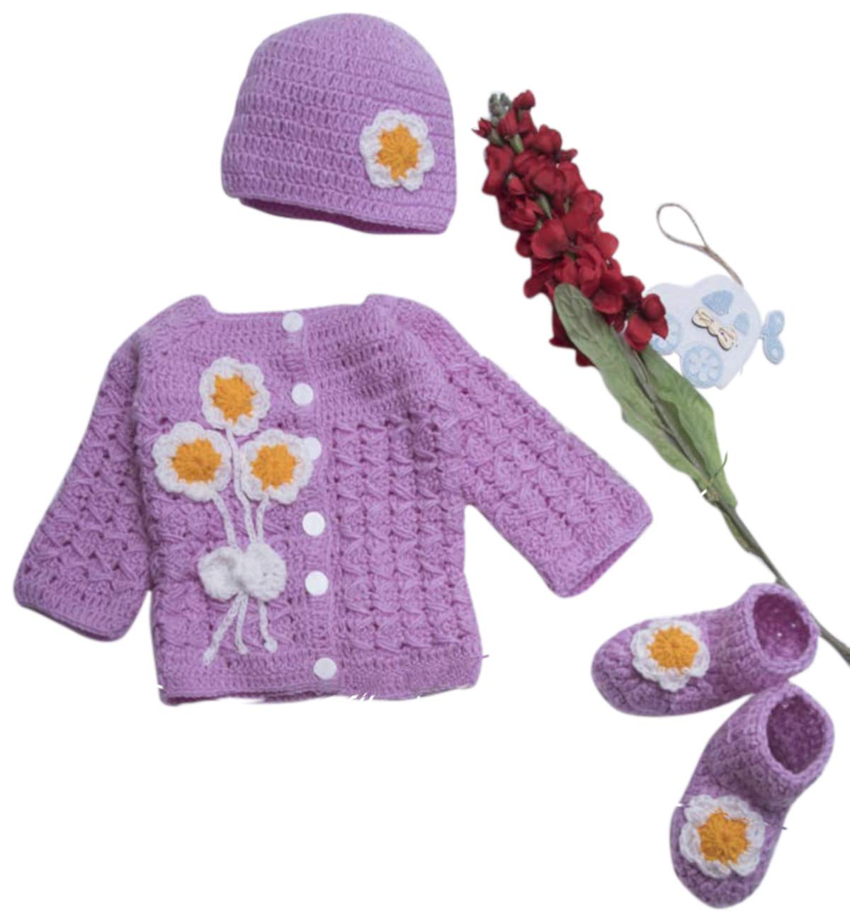 Hand Made 3 Piece Knitted Magnolia Flower Baby Crochet Set- Newborn Toddler Wool Sweater Set Includes- Booties & Hat (0-6, Purpl