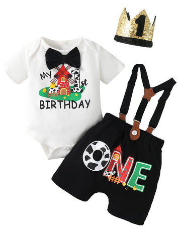 Baby Boy Birthday Outfit 1St Birthday Outfit Boy Farm 1St Birthday Outfit (Black-Short, 12-18 Months)