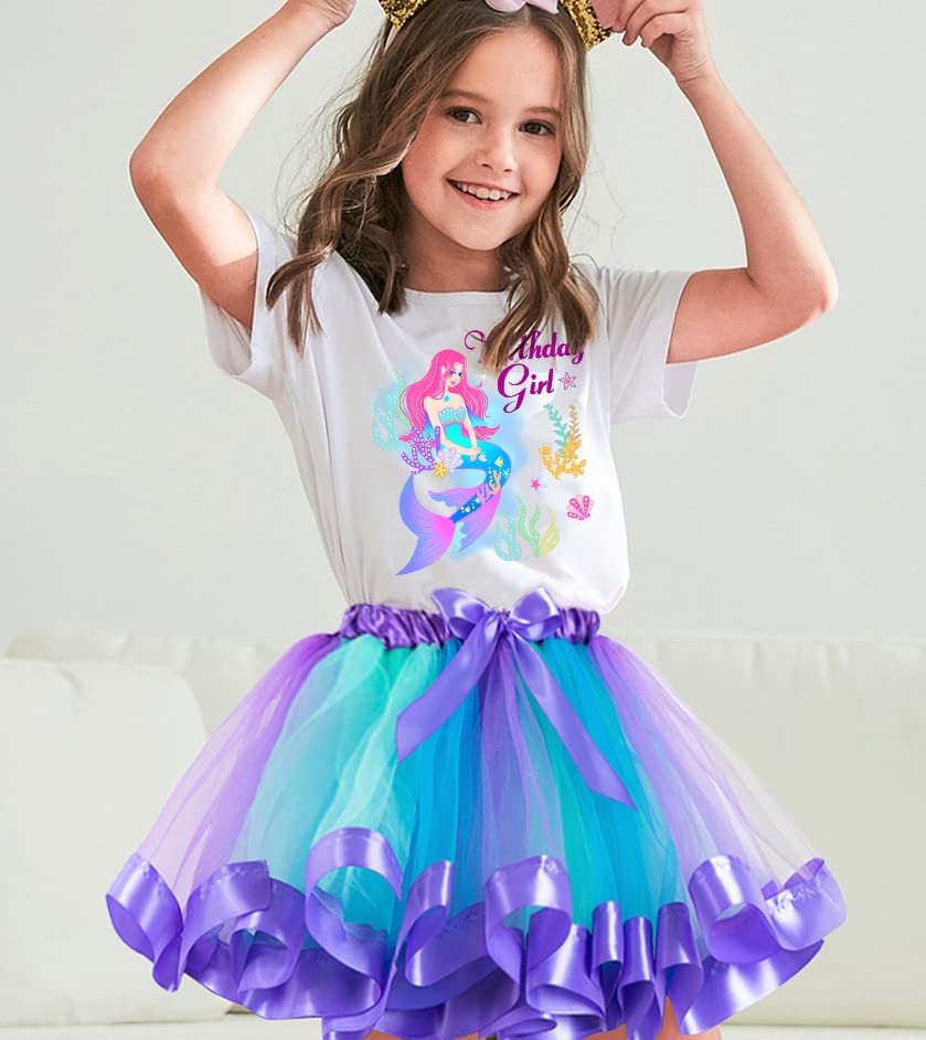 Doctor Unicorn Birthday Girls Mermaid Outfit Set Costume Tutu Skirt Dress, Mermaid Birthday Shirt, Headband & Satin Sash (Blue M