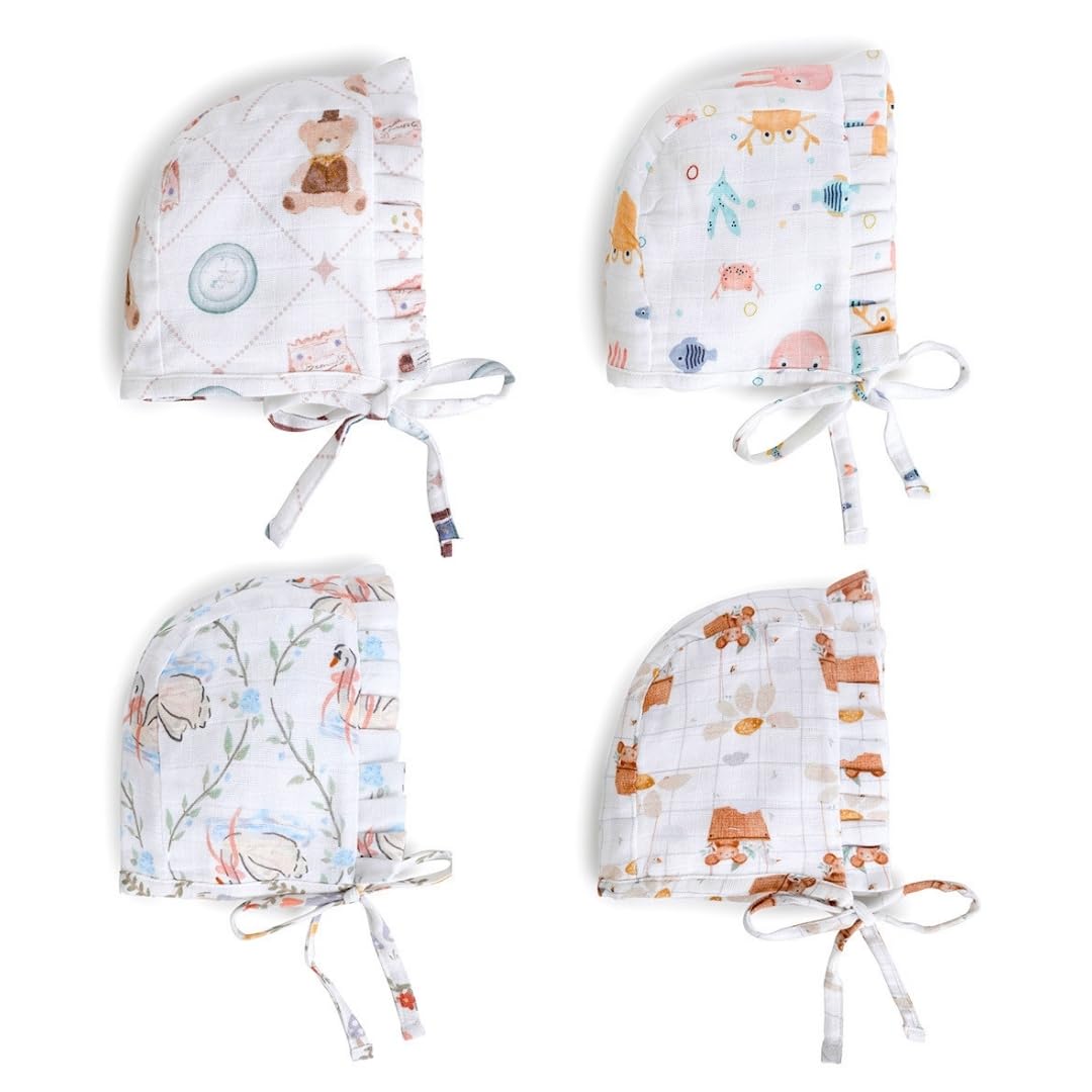 The Boo Boo Club 100% Muslin Organic Cotton Caps For New Born Baby | Mix Print And Colour | Pack Of 4 | NewBorn | Set39 Multico