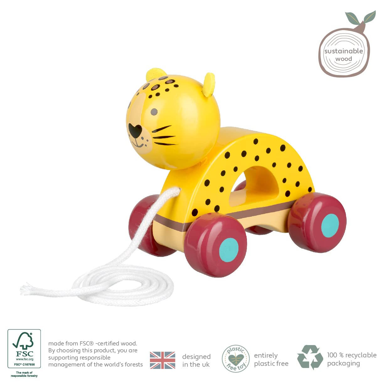 Orange Tree Toys: Pull Along: Leopard - Wooden Toy, Colorful Wheeled Character, Push-Pull, Encourage First Steps, FSC Certified,
