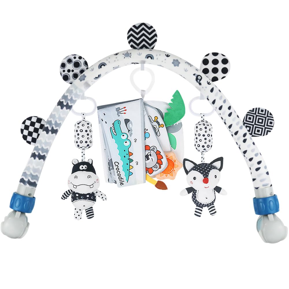Caterbee Baby Activity Travel Mobile Arch Bassinet Toy, Black and White High-Contrast Bouncer Toy bar, Crib Toys with Hanging An