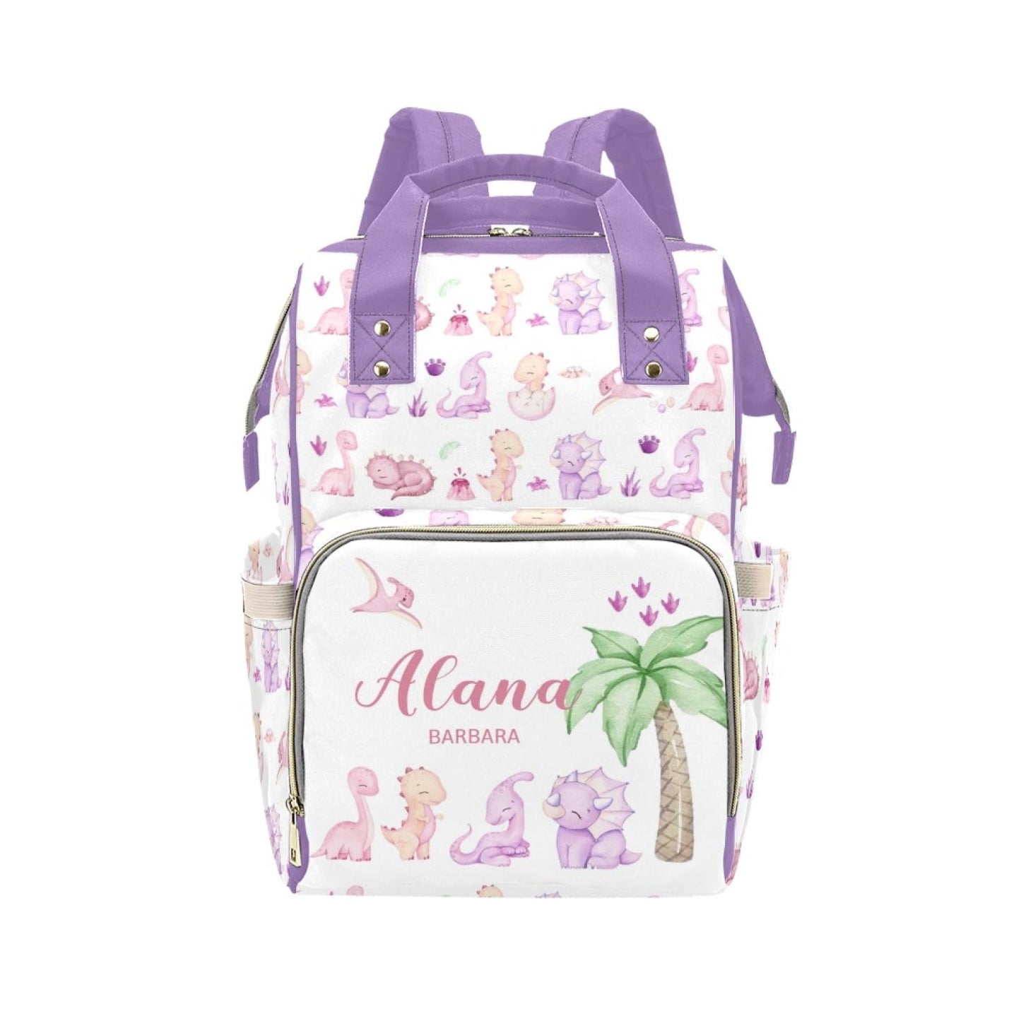 Personalized Diaper Bag Backpack for Women, Custom Name Nursing Mommy Daypack, Dinosaur Purple Diaper Bag for Girls Boys, New Mo